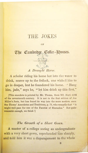 James Halliwell 'The Jokes of the Cambridge Coffee-Houses', 1842, page 1, original published size 9 cm wide by 13.5 cm high.