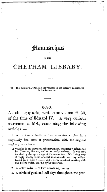 James Halliwell 'An Account of the European Manuscripts in the Chetham Library, Manchester', 1842, page 1, original printed text area 7.5cm wide by 12.5cm high.