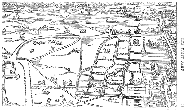 Portion of Aggas's 16th century map of London from the original preserved at the Guildhall.  From James Halliwell 'Illustrations of the life of Shakespeare' (1874), page 13, published size in Halliwell 25cm wide by 15.2cm high.