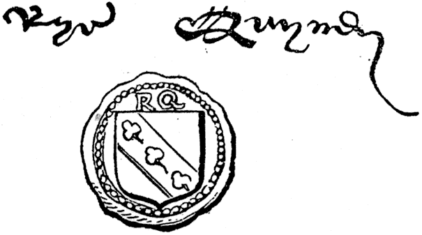 Seal and autograph of Richard Quiney. From James Halliwell 'The Life of William Shakespeare', 1848, page 178. Original published size 3.7cm wide by 2.1cm high.