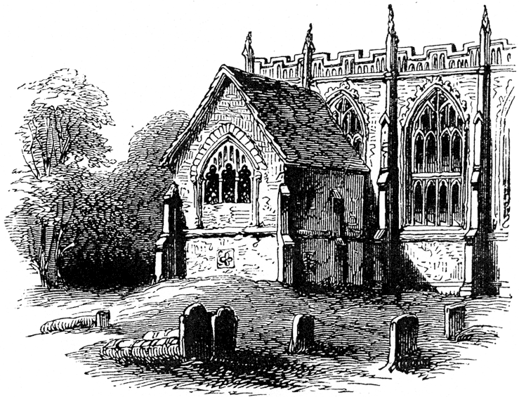 Exterior of the charnel house, Stratford upon Avon. From James Halliwell 'The Life of William Shakespeare', 1848, page 274. Original published size 7.3cm wide by 5.65cm high.