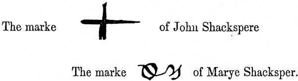Marks of the parents of Shakespeare. From James Halliwell 'The Life of William Shakespeare', 1848, page 57. Original published size 1.4cm by 0.9cm and 1cm by 0.4cm respectively.