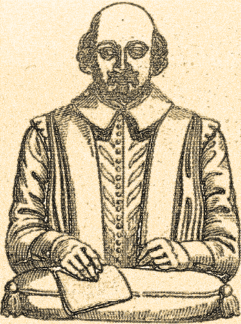 William Shakespeare looks on,  modified graphic of Shakespeare, see title page of part 1 of James Halliwell's 'Life of Shakespeare' for source illustration.