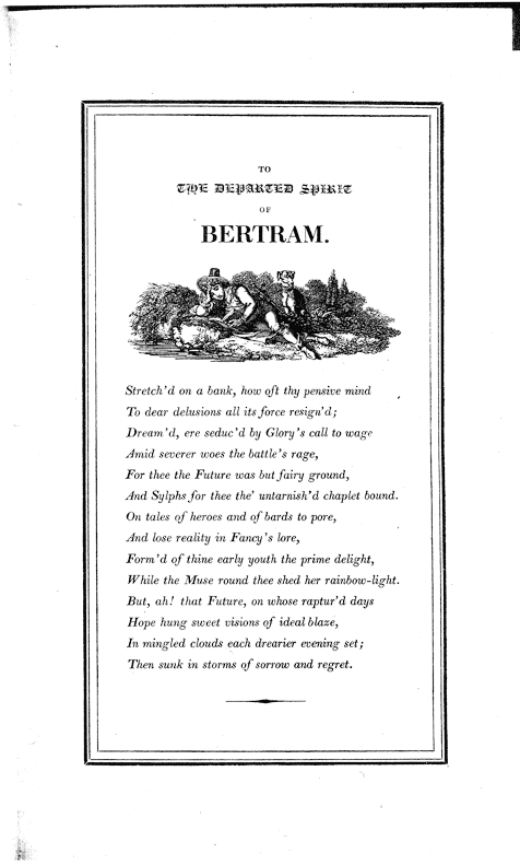 To the departed Spirit of Bertram. From Sir Egerton Brydges 'Bertram' 1814, page xiii, published size box area 10.2cm wide by 18.3cm high.