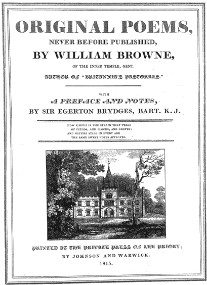 Image of first title page, from Lee Priory Press, 'Original Poems by William Browne', 1815, published size 14.43cm wide by 19.9cm high.