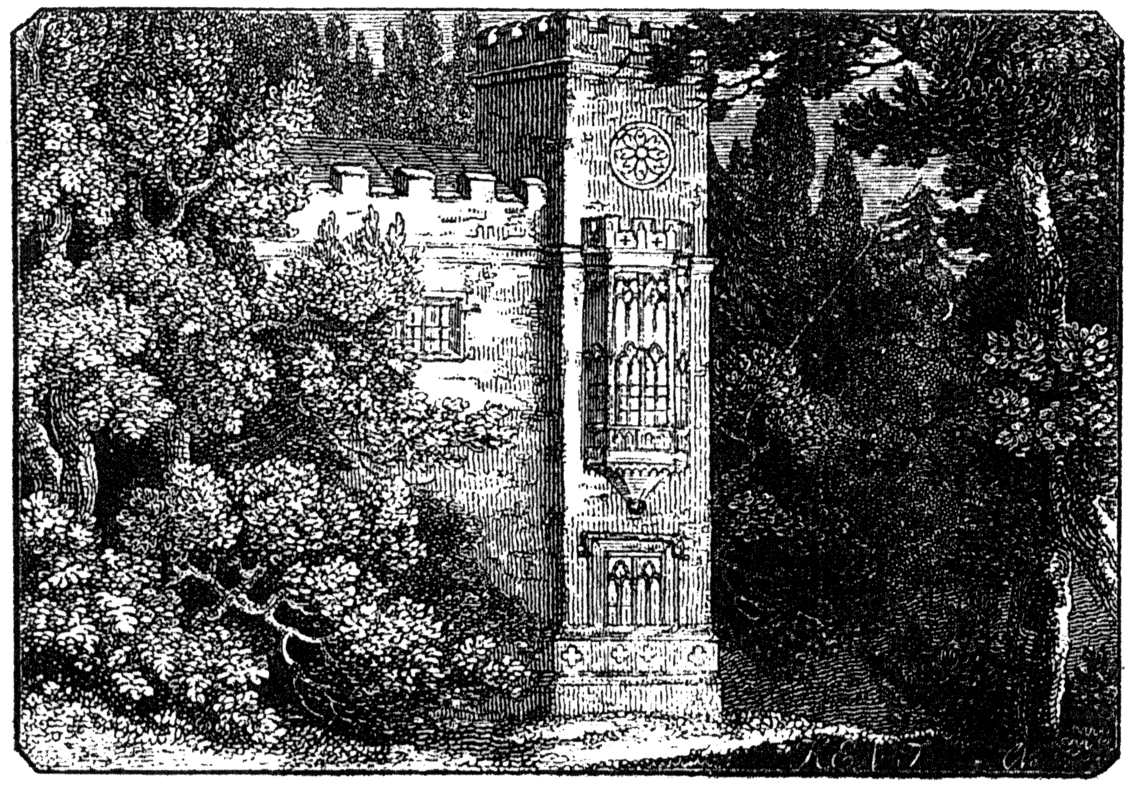 From Edward Quillinan 'Dunluce Castle', 1814, title page image of Lee Priory with knight in background,  published size 7.2cm wide by 4.9cm high.