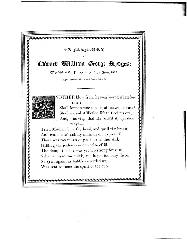 From Edward Quillinan 'Elegiac Verses', 1817, page 3 of poem to Edward Brydges, published printed area 12.5cm wide by 15.3cm high.