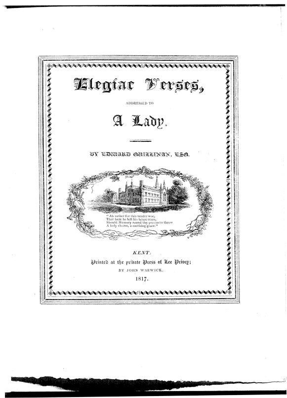 From Edward Quillinan 'Elegiac Verses', 1817, title page, published page size 18.1cm wide by 23.7cm high, printed area 12.6cm wide by 15.3cm high.