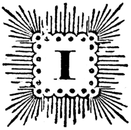 Woodcut letter 'i' with ray design, from Lee Priory Press 'The Poems of Sir Walter Raleigh' 1813, page 1, published size approximately 2.19cm wide by 2.18cm high.