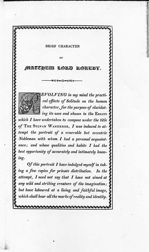 First text page of 'Brief Character of Matthew Lord Rokeby'. From Sir Egerton Brydges 'Character of Lord Rokeby' 1817, page 5, published size box area 9.9cm wide by 18cm high.