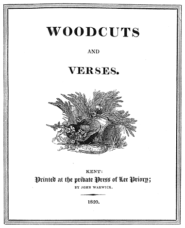 Title page woodcut from Lee Priory Press 'Woodcuts and Verses' 1820, published size 12.73cm wide by 15.67cm high.