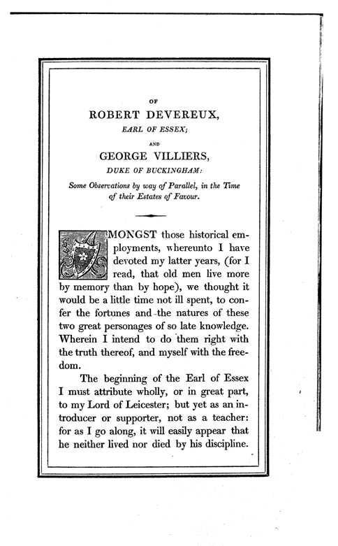 From Lee Priory Press (1814) : 'The Characters of Robert Devereux and George Villiers' by Sir Henry Wotton, 1641, page 3, published text area size 10.2cm wide by 18.2cm high.