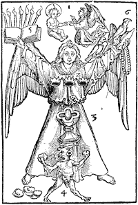 Figure 3. Figure of the school of Martin Schongauer, taken from the 'Rationarium Evangelistarum' of 1505, and copied from the corresponding plate of the 'Ars Memorandi'. Published size in Bouchot, 8cm wide by 11.9cm high.