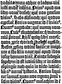 Figure  5. Fragment of the Mazarine Bible, printed in two columns.  Beginning of the text in the second column ; original size. Published size in Bouchot, 8.8cm wide by 12.1cm high.