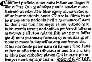 Figure  6. Colophon of the 'Catholicon', supposed to have been printed by Gutenberg in 1460. Published size in Bouchot, 8.8cm wide by 6cm high.