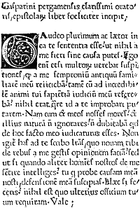 Figure 10. 'Letters' of Gasparin of Bergamo.  First page of the first book printed at Paris, in 1470. Published size in Bouchot, 8.1cm wide by 11.9cm high.