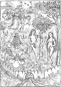 Figure 19. The creation of woman, plate from the 'Schatzbehalter', engraved after Michael Wolgemuth. Published size in Bouchot, 8.9cm wide by 12.9cm high.