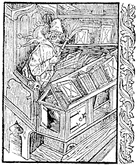 Figure 22. The 'Bibliomaniac'. Engraving from the 'Ship of Fools.' Published width 5.9cm wide by 7.2cm high.