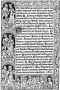 Figure 25. Border in four separate blocks in the Heures a l'Usaige de Rome, by Pigouchet, for Simon Vostre, in 1488.  Small figures from the 'Dance of Death.' Published size in Bouchot, 7.4cm wide by 11.3cm high.