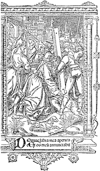 Figure 26. Plate copied from Schongauer's Carrying of the Cross, taken from the 'Heures' of Simon Vostre. Published size in Bouchot, 7.9cm wide by 13.6cm high.