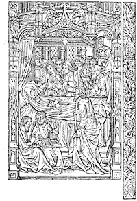 Figure 27. The Death of the Virgin, plate taken from the 'Heures' of Simon Vostre, printed in 1488.  The border is separate. Published size in Bouchot, 7.6cm wide by 11.8cm high.