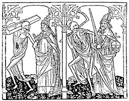 Figure 32. Dance of Death, said to be by Verard.  The Pope and the Emperor. Published size in Bouchot, 7.9cm wide by 6.2cm high.