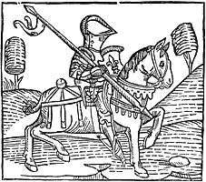 Figure 37. The Knight, a woodcut from Caxton's 'Game and Playe of the Chesse.' Published size in Bouchot, 8.1cm wide by 7.1cm high.