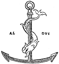 Figure 42. The anchor and dolphin, mark of Aldus Manutius, after the original in the Terze Rime of 1502, where it appears for the first time. Published size in Bouchot, 4.4cm wide by 5cm high.
