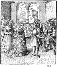 Figure 45. Plate taken from the 'Theuerdanck', representing Maximilian and Mary of Burgundy.  Engraved on wood after Schaufelein. Published size in Bouchot, 6.9cm wide by 8.1cm high.