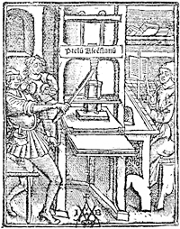 Figure 54. Printing office of Josse Badius at the commencement of the sixteenth century. Published size in Bouchot, 4.9cm wide by 6.4cm high.