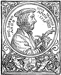 Figure 55. Portrait of Nicholas Bourbon.  Wood engraving of the commencement of the sixteenth century. Published size in Bouchot, 5cm wide by 6.2cm high.