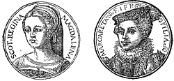 Figure 58. Portraits of Madeleine, Queen of Scotland, and of Marguerite, Duchess of Savoy, after the originals of Cornelis of Lyons. Published size in Bouchot, 3.4cm high.