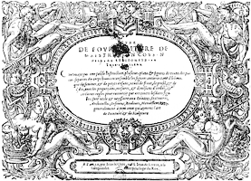 Figure 61. Title of John Cousin's 'Livre de Portraiture', published in 1593 by Le Clerc.  (The spot on the title is in the original, preserved among the prints of the Bibliotheque Nationale.) Published size in Bouchot, 11.5cm wide by 8.2cm high.