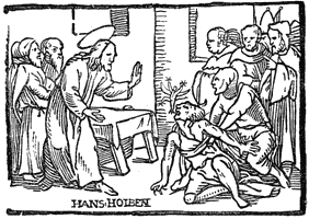 Figure 68. Woodcut by Hans Holbein from Cranmer's Catechism, 1548. Published size in Bouchot, 6cm wide by 4.2cm high.
