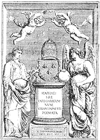 Figure 71. Title engraved by Claude Mellan for Urban VIII.'s 'Poesies', printed at the Royal Printing House, in 1642.  Published size in Bouchot, 8.4cm wide by 12cm high.