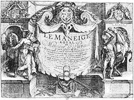 Figure 72. Title of Pluvinel's 'Manege Royal', engraved by Crispin Pass in 1624. Published size in Bouchot, 12cm wide by 8.8cm high.