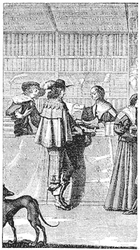 Figure 76. Print by Abraham Bosse representing the booksellers of the Palace under Louis XIII. Published size in Bouchot, 6.55cm wide by 11.9cm high.