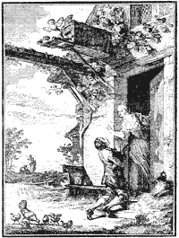 Figure 88. Vignette of the 'Pardon Obtenu,' designed by Moreau le Jeune, for Laborde's 'Chansons', in 1773. Published size in Bouchot, 7.4cm wide by 10cm high.
