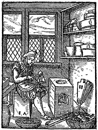 Figure 102. Type-founder in the middle of the sixteenth century. Engraving by Jost Amman. Published size in Bouchot, 5.9cm wide by 7.8cm high.