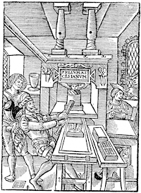 Figure 103. Mark of Jodocus Badius of Asch, representing the interior of a printing office about 1535.  Engraving 'a la croix de Lorraine'. Published size in Bouchot, 7cm wide by 9.7cm high.