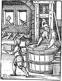 Figure 104. Paper-making.  Workman engaged on the tub with the frame of wires.  Engraving by Jost Amman. Published size in Bouchot, 5.8cm wide by 7.7cm high.