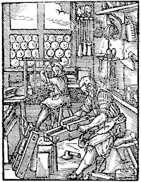 Figure 105. Bookbinder's shop in the sixteenth century.  Engraving by Jost Amman. Published size in Bouchot, 5.8cm wide by 7.8cm high.