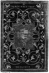 Figure 113. Binding with the arms of Mansfeldt, with  azure  scroll work, from the Didot collection. Published size in Bouchot, 8.5cm wide by 12.8cm high.