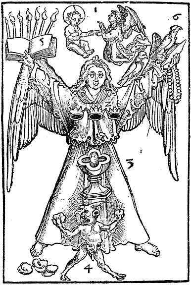 Figure 3. Figure of the school of Martin Schongauer, taken from the 'Rationarium Evangelistarum' of 1505, and copied from the corresponding plate of the 'Ars Memorandi'. From Henri Bouchot 'The Printed Book' (1887), page 11, published size in Bouchot 8cm wide by 11.9cm high.