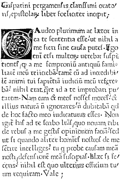 Fig. 10.--'Letters' of Gasparin of Bergamo. First page of the first book printed at Paris, in 1470. From Henri Bouchot 'The Printed Book' (1887), page 43, published size in Bouchot 8.1cm wide by 11.9cm high.