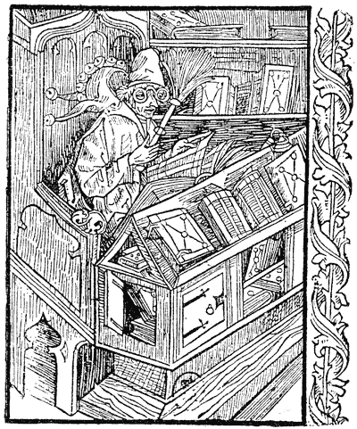 Figure 23.--The 'Bibliomaniac'. Engraving from the 'Ship of Fools.' From Henri Bouchot 'The Printed Book' (1887), page 65, published size in Bouchot 5.9cm wide by 7.2cm high.