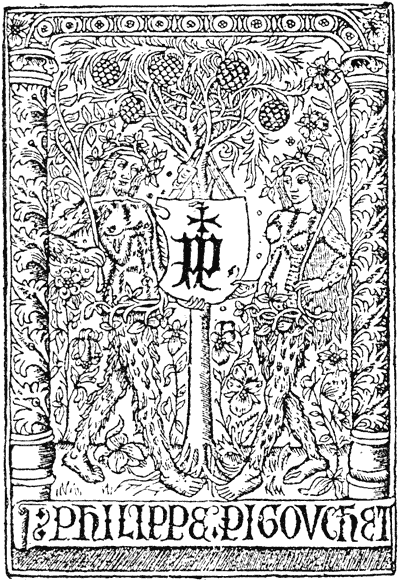 Figure 24.-- Mark of Philip Pigouchet, French printer and wood engraver of the fifteenth century.  From Henri Bouchot 'The Printed Book' (1887), page 71, published size in Bouchot, 5cm wide by 7.4cm high.