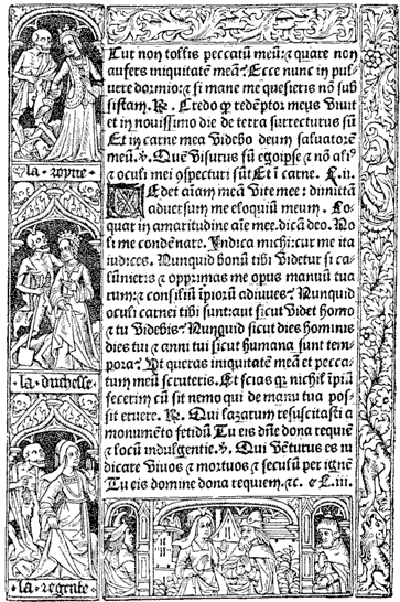 Figure 25.--Border in four separate blocks in the 'Heures a l' Usaige de Rome', by Pigouchet, for Simon Vostre, in 1488. Small figures from the 'Dance of Death.'  From Henri Bouchot 'The Printed Book' (1887), page 73, published size in Bouchot 7.4cm wide by 11.3cm high.