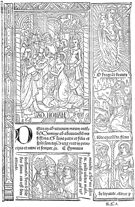 Figure 30.--Page of the 'Grandes Heures' of Antony Verard : Paris, fifteenth century. From Henri Bouchot 'The Printed Book' (1887), page 81, published size in Bouchot 9cm wide by 14.1cm high.