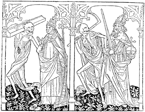 Figure 32.--Dance of Death, said to be by Verard. The Pope and the Emperor. From Henri Bouchot 'The Printed Book' (1887), page 84, published size in Bouchot 7.9cm wide by 6.2cm high.